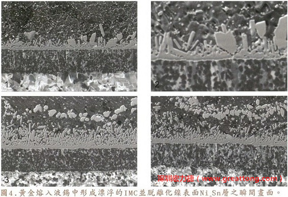 下面四張圖片為放大4500倍的SEM圖像，說明在回流焊爐熱量不足的情況下，黃金成份正要從鎳層分離融入焊錫之中的瞬間，當零件遭受外力沖擊的時候就極有可能從這一整排AuSn、、AuSn2或AuSn4的IMC處裂開。