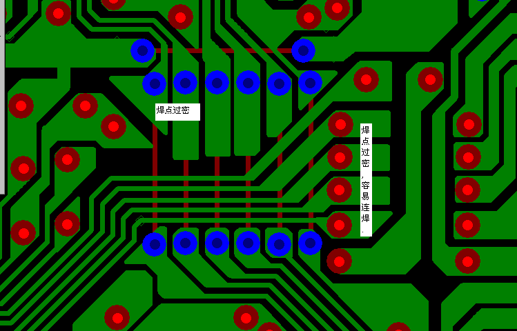 PCB設(shè)計焊點過密，易造成波峰連焊，焊點間漏電