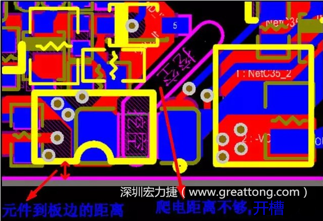 如果碰到模塊PCB空間有限，爬電距離不夠，可以采用開槽的方式