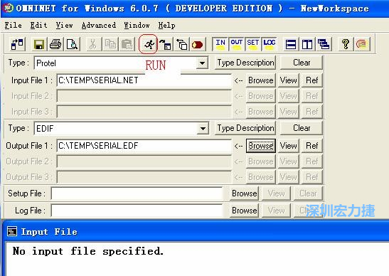 輸出文件類型(Type)選 EDIF。Output File 1 指定輸出文件的文件名和路徑。然后點擊 Run(跑動的小人)。