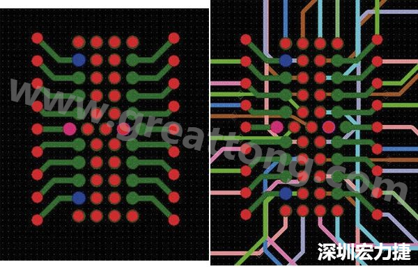 圖7：焊盤內(nèi)過孔用于內(nèi)部，而外部接腳在0.5mm閘格上扇出。圖7a顯示的是頂層(左)；圖7b顯示頂層和內(nèi)部布線層(右)。