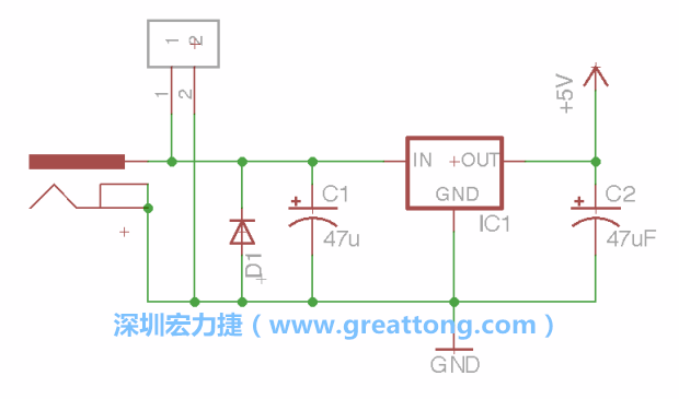 2.5.    新增一個(gè)二極體，它會(huì)以水平的狀態(tài)出現(xiàn)在屏幕上，請(qǐng)使用「旋轉(zhuǎn)（Rotate）」工具把它負(fù)極那一面朝上，并且用「網(wǎng)絡(luò)連接」工具將它連接在電壓調(diào)整器的輸入端和接地端之間。