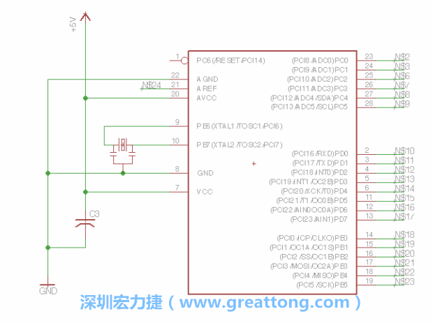 3.3.    將共鳴器（resonator）放置在針腳9和針腳10附近，將它的三個針腳連接如圖所示，并確認最中間的針腳有連到接地端。