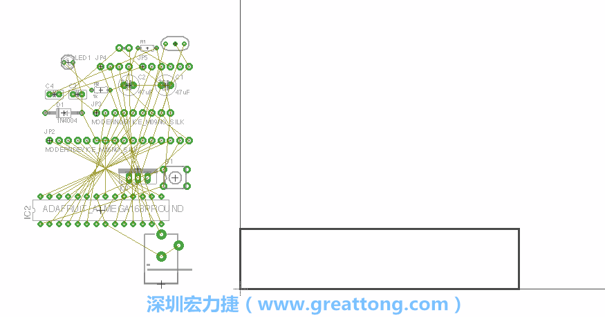 第一次執(zhí)行布線編輯器時，你會發(fā)現(xiàn)有兩個區(qū)塊，左邊的區(qū)塊非?；靵y，而右邊的區(qū)塊則是一個長方形的工作區(qū)域，EAGLE免費(fèi)版會限制你的工作區(qū)域在4” x 3.2”的范圍內(nèi)，如果你試圖將元件擺放在工作區(qū)外的話，就會跳出警示訊息。