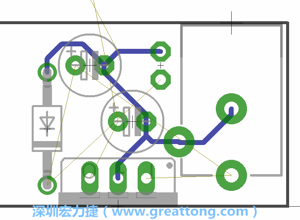 當(dāng)你在擺放元件時，要注意元件間的連結(jié)關(guān)系使用「旋轉(zhuǎn)（Rotate）」工具來讓連結(jié)點(diǎn)更接近、更容易布線。舉例來說，我們可以將這邊的二極體轉(zhuǎn)一個方向來縮短和47μF電容間的連結(jié)距離。