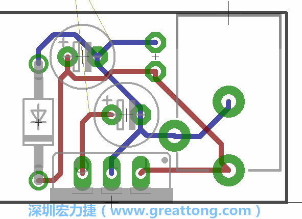 接地連結(jié)點(diǎn)的布線情形如下圖所示，利用這個練習(xí)來避免電路連線銳角化的產(chǎn)生是一個不錯的選擇，你可以在工具列中的彎曲線路（Wire Bend）選項里改變各種布線的變化。
