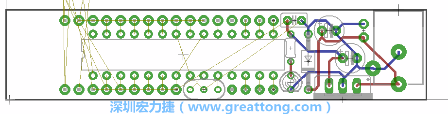 將ATmega微控制器、三個GPIO排針（JP2, JP3, JP4）和諧振器（resonator）排置如上圖所示。