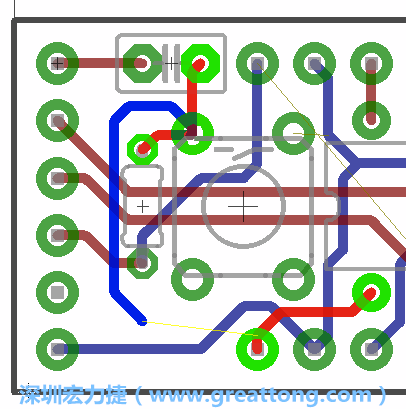 要在電路板正面進(jìn)行+5V信號線連結(jié)和其他連結(jié)點(diǎn)的布線工作是非常容易的，而重置信號線（信號線用來連結(jié)電路板正面左邊的重置開關(guān)）需要經(jīng)過一個可以通過電路板正反兩面的電路通道，這個通道是一個可以讓電路板正反兩面線路連接的一個小孔。