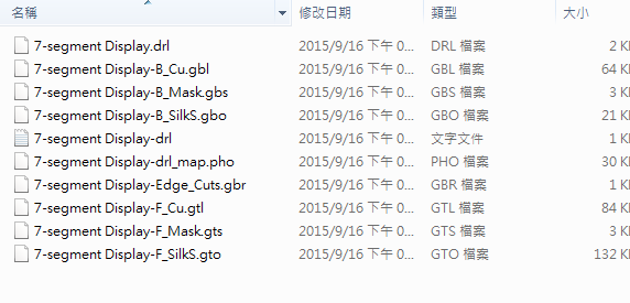所謂Gerber檔，其實(shí)是包含一群檔案 (如下圖所示)，如包含正反面銅箔層 F.Cu B.Cu.，正反面文字面 F.Silkscreen ，B.Silkscreen，防焊層 SolderMask、板邊裁切Edge.Cuts 等。